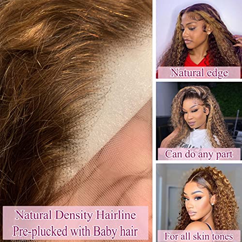 Buildxin Highlight Ombre Lace Front Wigs Human Hair 30 Inch 150 Density 13X4 Hd Transparent Deep Wave Frontal Wigs Pre Plucked Wet And Wavy Long Curly Wigs For Black Women P4/27 Honey Blonde Brown #TOP3