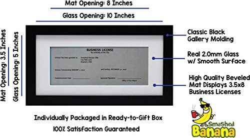 5X10 Black Gallery Business License Frame With 3.5X8 Mat - Wide Molding - Includes Attached Hanging Hardware And Desktop Easel - Display Panoramic Picture Certificate Or Retail Licenses #TOP1