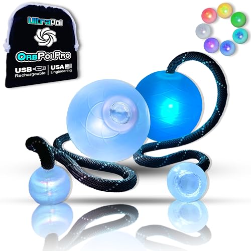 OrbPoi Pro Set - Orb Poi Pro w/Non LED Knob Handles - USB Rechargeable Contact LED Poi Balls w/ 40+ Color Modes & Patterns - LED Poi Spinning Balls w/Soft Durable Cases - Flow Arts Toy, UltraPoi