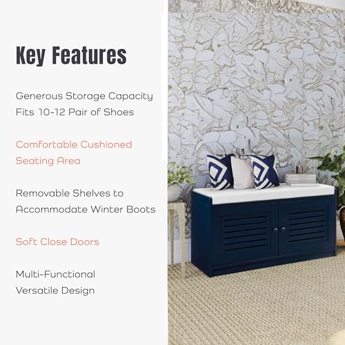 Image of Wooden Shoe Storage Bench Organizer Cushioned Seat with Adjustable Shelves for Entryways, Living Rooms, or Bedrooms, Antique Blue