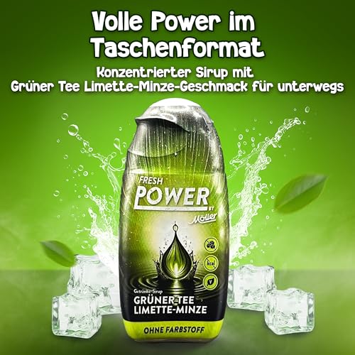 Fresh Power by Möller Sirup Zuckerfrei 65 ml — Getränkesirup mit wertvollen Vitaminen und Aminosäuren für Sport und Freizeit — Zero Sirup für 6,5 bis 10 Liter Getränk — Grüner Tee Limette Minze
