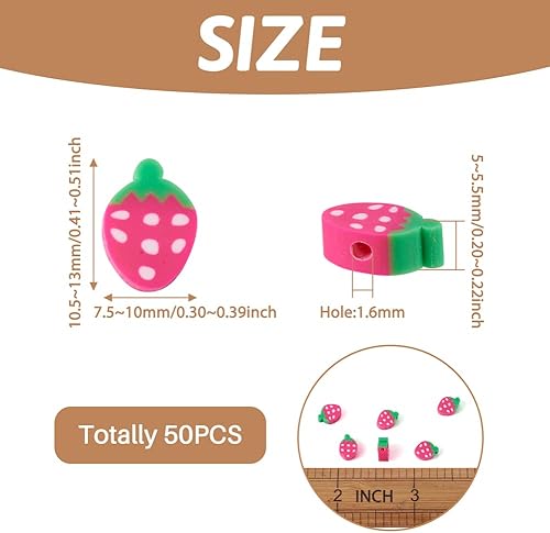 Miniatura 3 de 50 cuentas de arcilla polimérica hechas a mano, color rosa intenso, forma de fresa, cuentas sueltas con temática de fruta, cuentas espaciadoras para