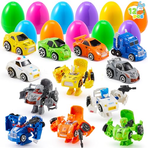 JOYIN 12pcs Easter Prefilled Eggs with Car Robot Toys, Basket Stuffers for Kids, Cool Car Toys for Easter Egg Hunt Theme Party Favors, Goodie Bag Fillers, Classroom Prize Supplies Gifts for Boys