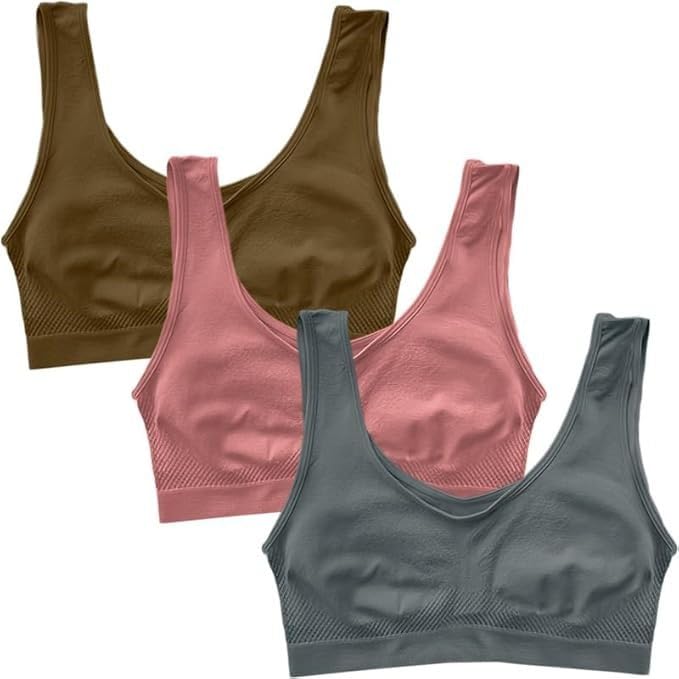 Women's Sports Bra, Scoop Neck, Sleeveless Crop Top, Pack of 3, Sage Green, Mauve Pink, Steel Blue-image-12