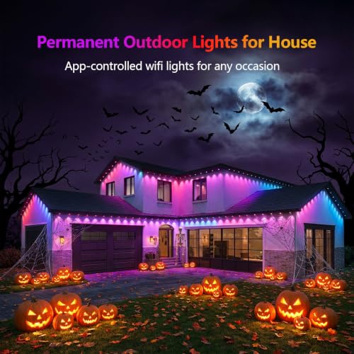 Image of Permanent Christmas Lights Outdoor 59ft - Addressable House Lights All Year | Wifi Connection, 72 Scene Modes, Music Capture, Voice Control String Lights Under Eave for Party, Halloween, Christmas
