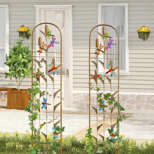 EZ4ENCE 2 Pack Metal Garden Trellis with Colorful Dragonfly Outdoor Decoration Arched Fence Trellis for Climbing Plants for Patio, Backyard, Wall Brackets by EZ4ENCE - Image 2