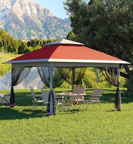 13x13 FT Pop-Up Gazebo, Hardtop Gazebo with Mosquito Netting,UV-Resistant Outdoor,Canopy Tent with Mosquito Netting,Outdoor Patio for Party,Wedding, Dining（Red）