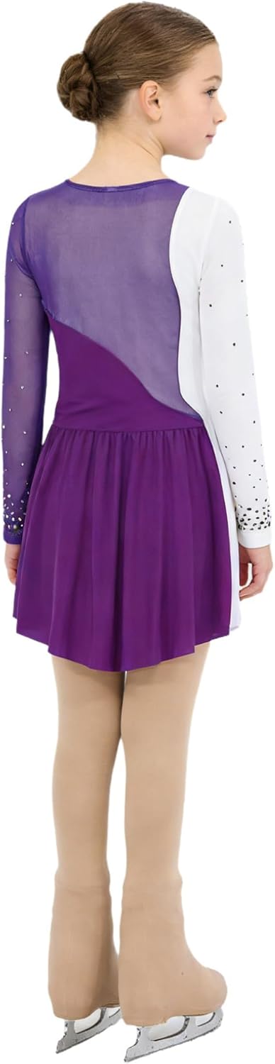 Hularka Kids Girls Figure Ice Skating Outfit Long Sleeve Ballet Dance Dress with Footed Tights Set Dancewear