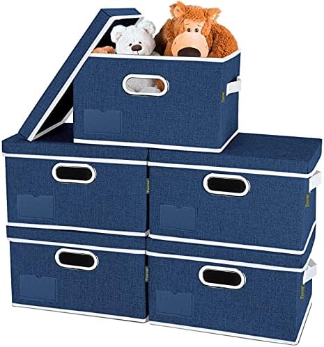 BALEINE Storage Bins with Lids, Foldable Linen Fabric Storage Boxes with Lids, Collapsible Closet Organizer Containers with Cover for Home Bedroom Office (5 Pack Blue Extra Large)