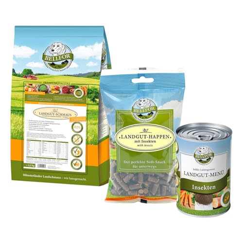 Bellfor Futterset für Dalmatiner Hochwertige Hypoallergenes Getreidefreies Nassfutter 400 g und Trockenfutter mit Insekten 2,5 kg mit Soft-Snacks 200 g