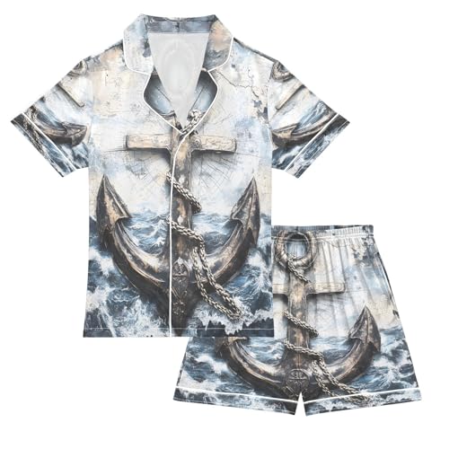 ALAZA Anchor Retro Vintage Satin Pajamas Set Short Sleeve Button Down Sleepwear Summer Pjs 2 Piece