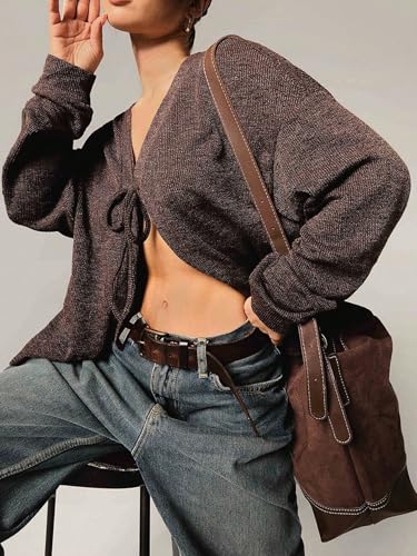 Women's Tie Front Cardigan Long Sleeve Knit Sweaters Tops Casual V Neck Outerwear4