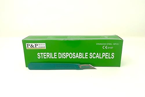 Bisturíes desechables de acero inoxidable estéril tamaño 10A con mango de plástico y línea métrica envuelta individualmente en papel de aluminio,