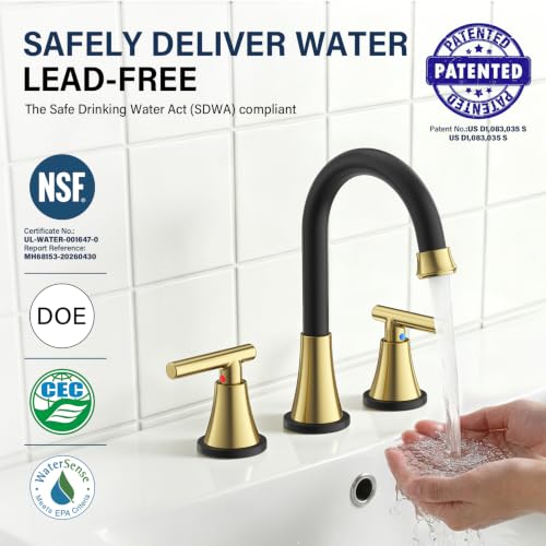 Image of Bathroom Faucet 3 Hole, Black& Gold Faucets with Drain and Supply Lines | Hurran Stainless Steel Lead-Free Widespread Bathroom Sink Faucet for Vanity RV Restroom Laundry Outdoor Camper, 2 Pack