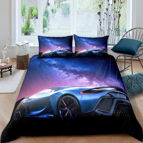 Galaxy Car Duvet Cover Blue Race Car Bedding Set for Kids Boys Girls Teens Universe Starry Sky Sports Car Comforter Cover Extreme Sports Theme Design Bedspread Cover Room Decor 2Pcs Single Size,Zipper