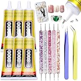 E8000 Clear Super Glue for Jewelry Making, 6 X 15ML E-8000 B7000 Glue Rhinestone Metal Fabric Glue, Adhesive Glue for Phones Repair Jewelry Bead Wood Crafts with Dotting Pens and Tweezers