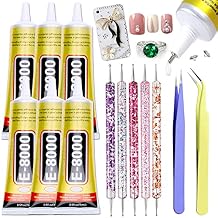 E8000 Clear Super Glue for Jewelry Making, 6 X 15ML E-8000 B7000 Glue Rhinestone Metal Fabric Glue, Adhesive Glue for Phones Repair Jewelry Bead Wood Crafts with Dotting Pens and Tweezers