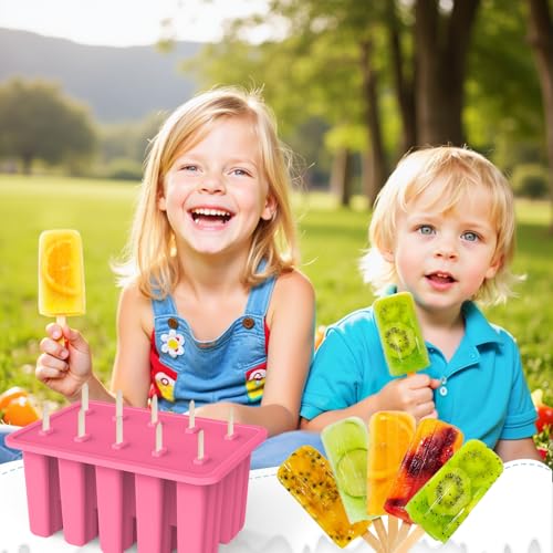 Image of 10-Cav Popsicle Molds, Silicone Ice Pop Mold for DIY Frozen Treats | with 10 Reusable Sticks, 50 Wooden Sticks, 50 Storage Bags, Funnel, Brush, Recipe, Make Healthy Pops, Smoothies, Juice