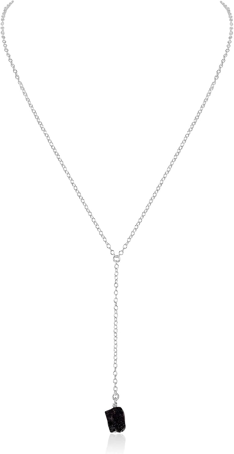 Luna Tide Black Tourmaline Raw Nugget Lariat in Sterling Silver
