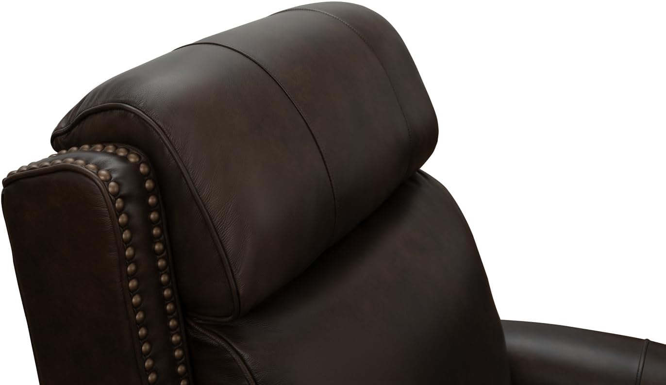 Close-up of the headrest area of the BarcaLounger Blair Power Recliner, highlighting the leather texture and stitching.