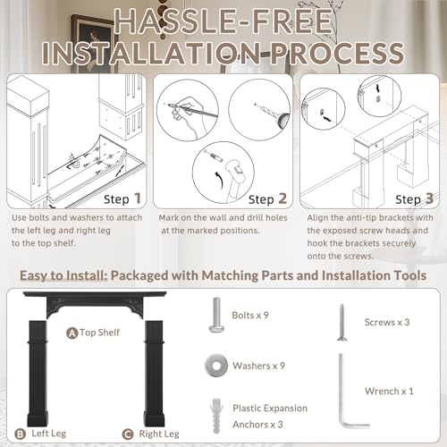 Image of Modern Black Freestanding Fireplace Mantel Surround - Waterproof, Anti-Tipping Premium MDF Mantel with Leg for Living Room Decor
