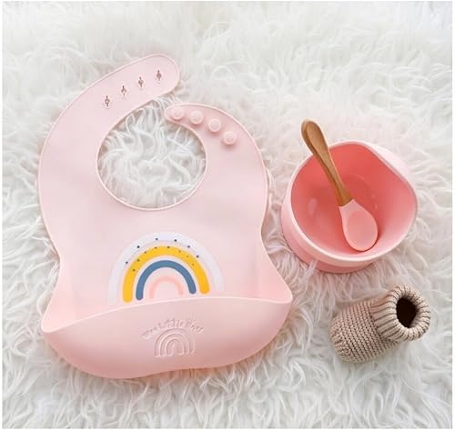 Miniatura 5 de Juego de baberos de silicona arcoíris y ventosa: sin BPA, babero ajustable con gran bolsillo para recoger alimentos + utensilios de primera calidad