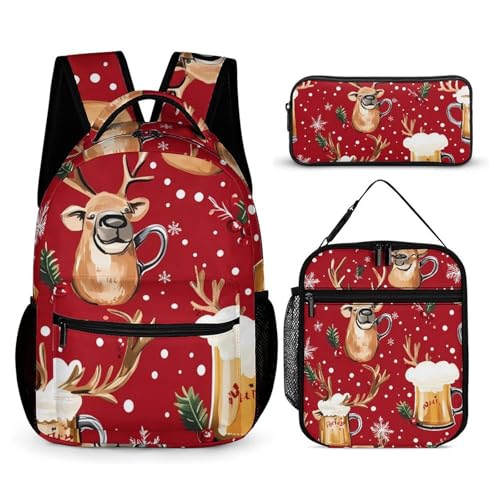 Beer Mugs Reindes Red Christmas Backpack Shoulder Bags Lunch Bag Pencil Case Box 3 Set Daypack Cute