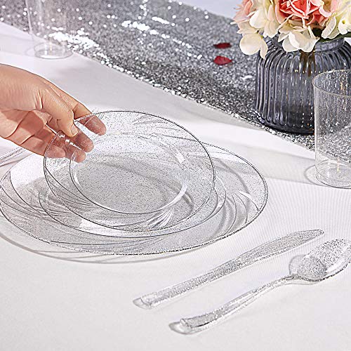 Wdf 150Pcs Silver Plastic Plates Disposable - Winter Wonderland Party Decorations Include 25 Dinner Plates,25 Salad Plates,25 Forks, 25 Knives, 25 Spoons& 10Oz Plastic Cups #TOP4