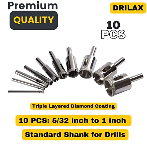 Drilax Diamond Drill Bit 10 Pieces Set 5/32 3/16 1/4 5/16 3/8 1/2 5/8 3/4 7/8 1 Inch Ceramic Porcelain Tile Glass Granite Quartz Slate Kitchen Bathroom Shower Lamps Case Included #TOP6