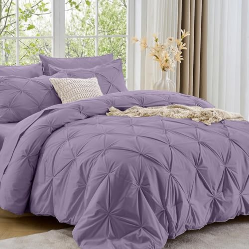Image of Sasttie Queen Comforter Set, 7-Piece Bed in a Bag, Pintuck Bedding Sets for All Season, Includes Comforter, Flat Sheet, Fitted Sheet, Pillowcases and Pillowshams, New Purple