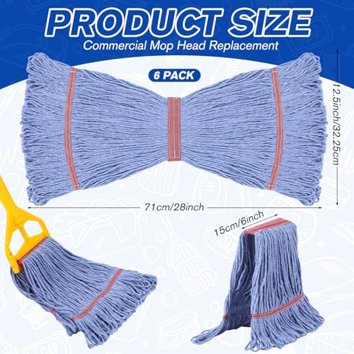 Image of Eccliy 6 Pack Commercial Mop Heads Replacement Heavy Duty 18 oz Loop End Cotton String Wet Mop Refills Washable Absorbent Reusable for Industrial Home Tile Wood Concrete Floor (Blue,Red)