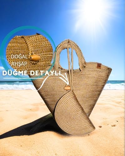 Kadınlar İçin Moderin Tarzda Jüt Dekoratif Doğal Ahşap Düğmeli Çanta Seti - 2'li Yıkanabilir Bohem Fermuarlı Cüzdan ve Kozmetik Çantası Günlük Moda Kombin Tamamlayıcısı Aksesuar - Görsel 5