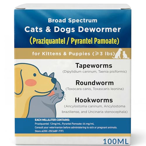 Dewormer for Cats & Dogs Broad Spectrum Praziquantel & Pyrantel Pamoate Liquid Tapeworm, Roundworm & Hookworm Treatment Easy to Dose for Kittens & Puppies 100ml