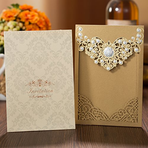 Paper Laser Cut Wedding Baby Shower Invitation Cards with Flower Hollow Favors Invitation Cardstock for Engagement Birthday Graduation (YC072 Brown)