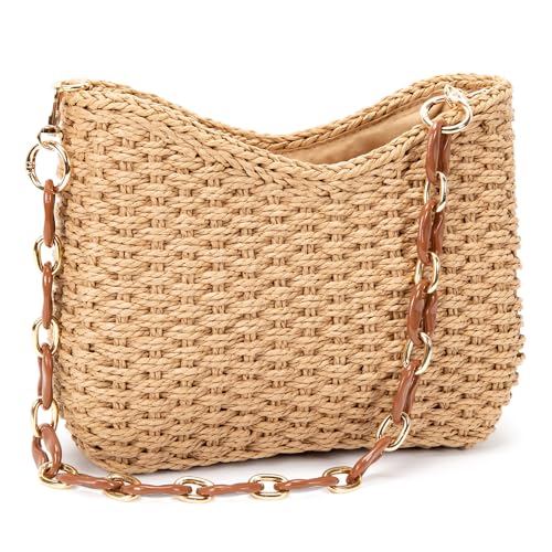 Straw Bag for Women, Lightweight Woven Straw Shoulder Bag, Summer Handmade Beach Tote with Chain, Eco-Friendly Vacation Purse2