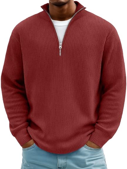 Mokaloha Mens Shirts Waffle Zipper, Men's Everyday Waffle Stand Collar Zipper Casual Long Sleeve T-Shirt - Main Image