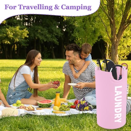 Image of 2Pcs Foldable Pink Laundry Basket for Family, 95L Portable Laundry Baskets with Aluminum Handles, Multi-functional Dirty Clothes Hampers for Dorm, Travel, Pink