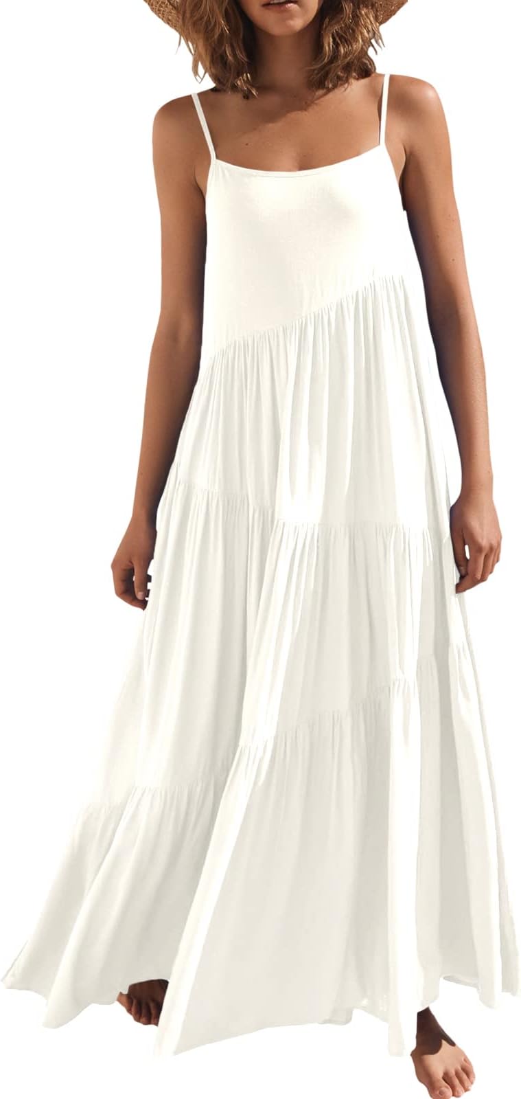 Women Summer Casual Loose Sleeveless Sundress Spaghetti Strap Flowy Boho Linen Beach Vacation Maxi Long Dress