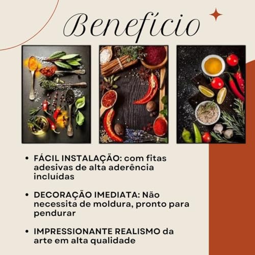 Quadro Fotografia Cozinha Moderna Temperos Ervas Decoração Kit c/3 Placas