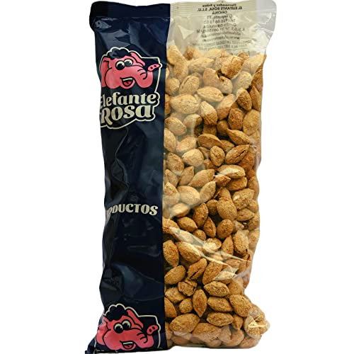 Almendras Saladas con Cascara Frita Salada - Frutos Secos Elefante Rosa Bolsa de 1 Kg - El Snack Saludable y Exquisito para Compartir - Almendras Tostadas Enteras con Sal