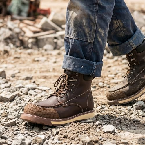 Image of NINGO Steel Toe Work Boots for Men, 6 Inch Full Grain Leather Moc Toe Boots for Men with Non Slip Wedge Outsole, Durable TPU Protective Toe Cap Mens Safety Shoes EH Rated for Construction Welding