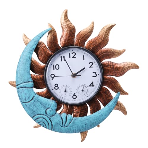 MUMTOP 14 Inch Sun and Moon Outdoor Clock, Outside Waterproof Wall Clock with Thermometer for Patio Pool Living Room Home Decor