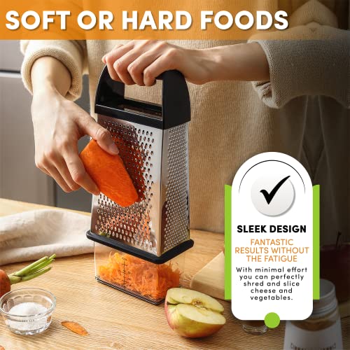 Spring Chef Professional Cheese Grater With Storage Container, Stainless Steel & Soft Grip Handle, 4 Sides Handheld Kitchen Food Shredder Best Box Grater For Parmesan, Vegetables, Ginger, 10" Black #TOP5