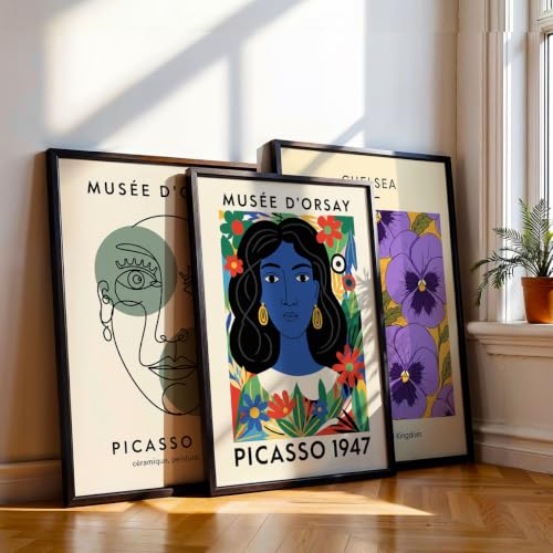 Image of NoWorries Modern Abstract Wall Art Frame | London Chelsea Floral Print & Picasso' Inspired Wall Art Paintings 300 GSM Premium Prints | Stylish Home Decor for Living Room, Office & Bedroom | Synthetic Wooden Wall Art Frames (Set of-3) (BLACK, ART-10, 25X37INCHES)