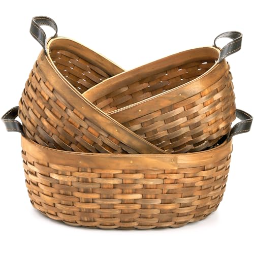 Elsjoy Set of 3 Wood Woven Bread Baskets with Handles Handmade Wooden Harvest Baskets Wicker Fruit Basket for Serving Rustic Rattan Woven Picnic Basket for Kitchen Home Decor