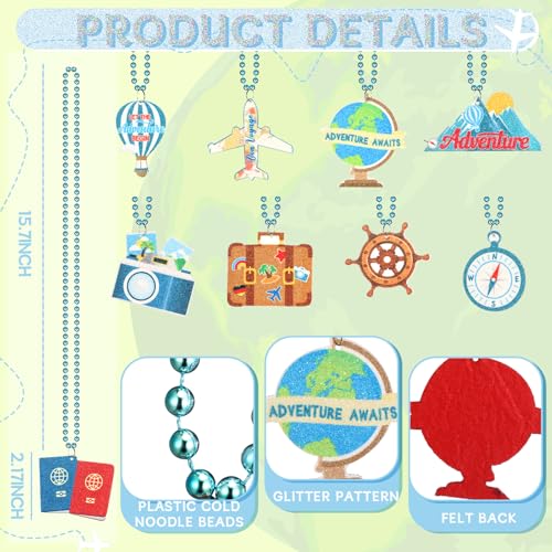 36 Pcs Travel Themed Party Decorations Around the World Party Decorations Long Beaded Necklaces for Women Blue Beads Pendants Costume Jewelry for Women Men3