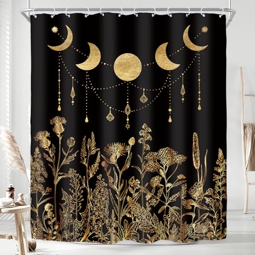 Riyidecor Wildflower Moon Phase Shower Curtain for Bathroom Decor 60Wx72H Black Gold Dark Floral Rustic Botanical Plant Leaves Vintage Art Printed Fabric Polyester Waterproof 12 Pack Plastic Hooks