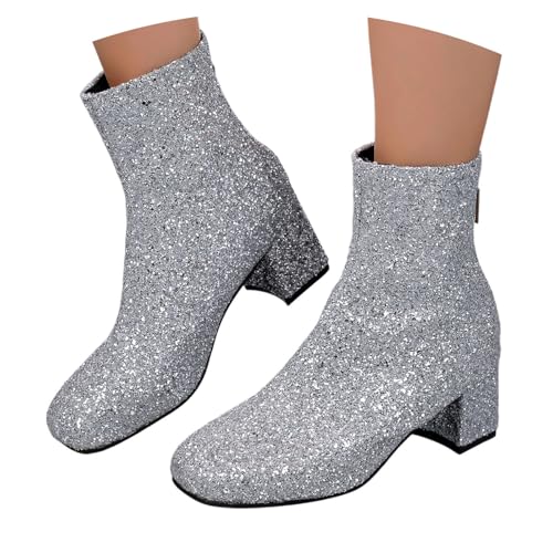 Botas cortas negras de tacón grueso estilo británico con cremallera y lentejuelas elegantes