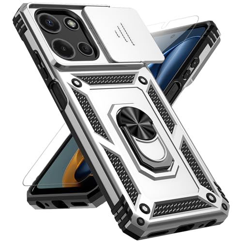 for Motorola Moto G 2025 Case, with Slide Camera Cover HD Screen Protector [Military Grade 16ft. Drop Tested] Magnetic Ring Holder Kickstand Protective Phone Case for Motorola Moto G 2025, Silver