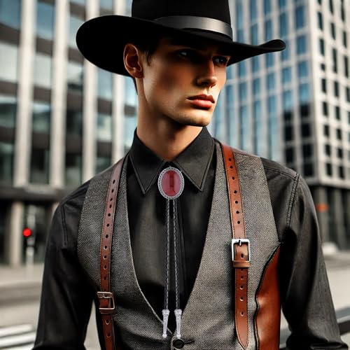 Image of Vintage Western Cowboy Rodeo Black Agate Bolo Tie for Men Women | Premium braided leather, adjustable sliding clasp, anti-tarnish alloy pendant, versatile western bolo tie